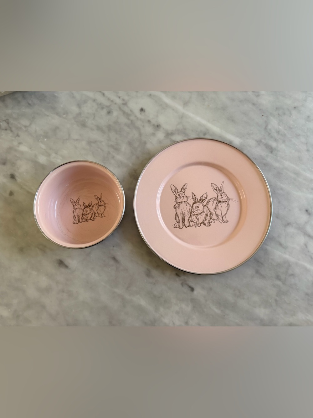 Golden Rabbit Pink enamelware Dish set with Silver Edge Bunny